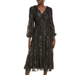 Nicole Miller Women's Black Metallic Jacquard Midi V-Neck Tiered Evening Dress 4